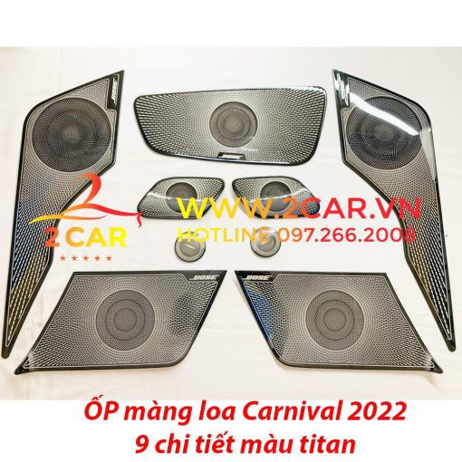 Ốp màng loa cánh cửa xe Kia Carnival 2021 - 2022 - Bộ 9 chi tiết có 2 mẫu Titan và inox bạc mờ