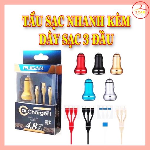 Tẩu sạc nhanh kèm dây cáp 3 đầu Ô tô xe hơi chính hãng Pugan với 2 chức năng sạc thông minh và sạc siêu tốc 4.8A