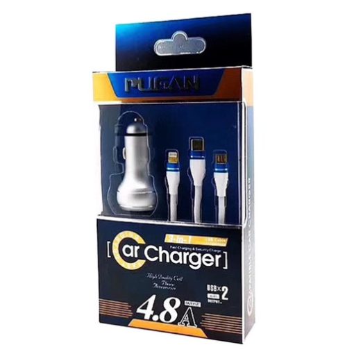 Tẩu sạc nhanh kèm dây cáp 3 đầu Ô tô xe hơi chính hãng Pugan với 2 chức năng sạc thông minh và sạc siêu tốc 4.8A - Hình ảnh 4
