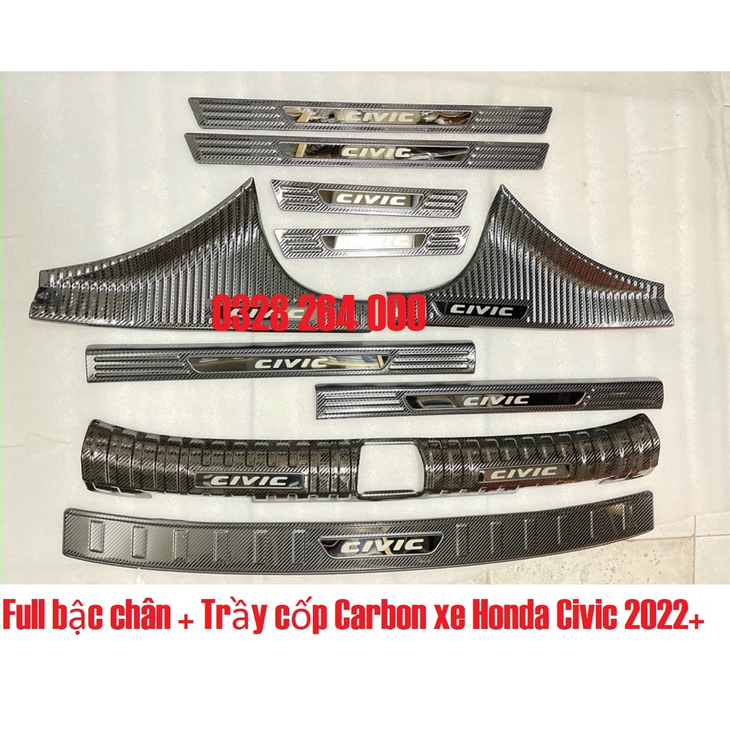 Ốp bậc cửa, nẹp bước chân, chống trầy bậc cốp trong ngoài Carbon xe Honda Civic 2022, 2023 vân cacbon cao cấp