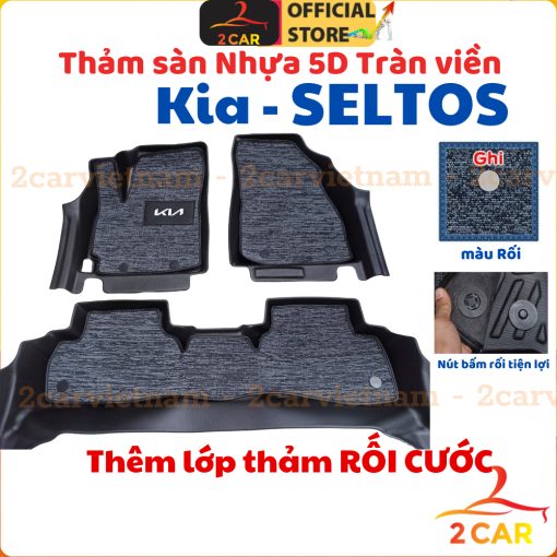 Thảm lót sàn NHỰA 5D xe Kia Seltos 2018 đến 2024 đúc nguyên khối TRÀN VIỀN - 3 tấm/bộ,không mùi, dễ vệ sinh